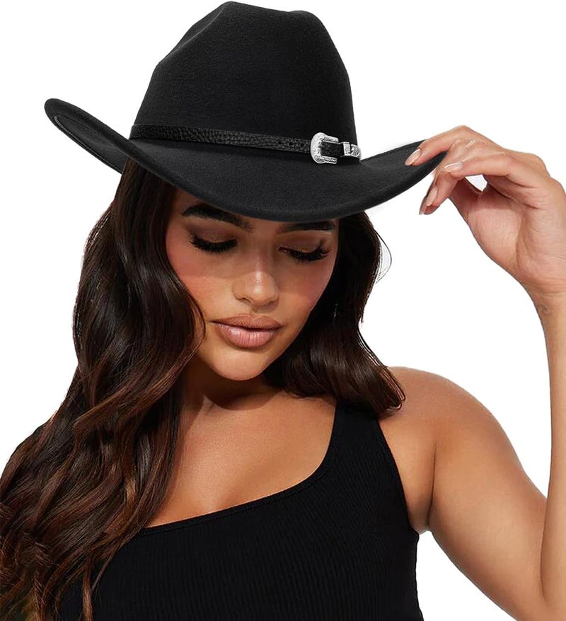 Eohak Womens Western Cowboy Hats Studded Pinched Western Cowgirl Hats Wide Brim Fedoras Hat with Belt Buckle (Size:Medium) - Image 1